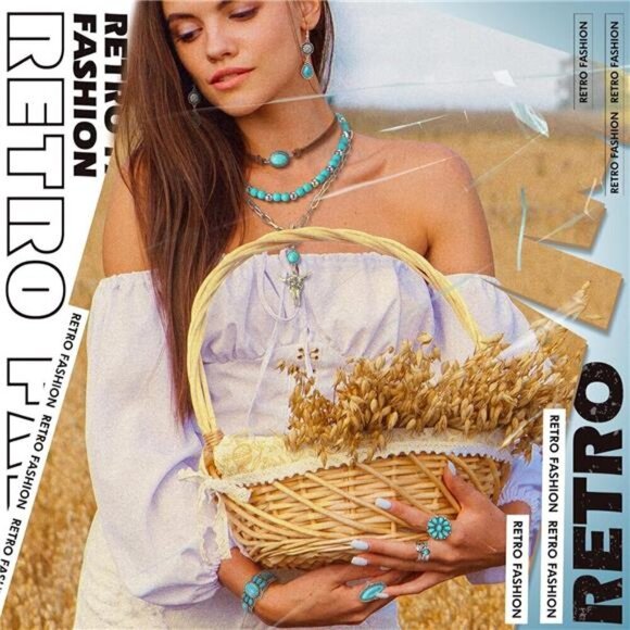 Bohemian Western Jewelry Turquoise Set Women Bohemian Pendant Long - Picture 4 of 7